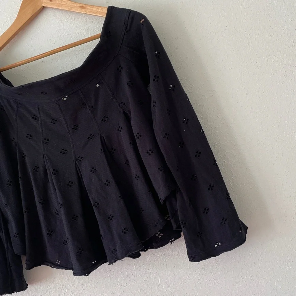 Free People Eyelet Blouse Flare Sleeve Washed Boho Black Medium